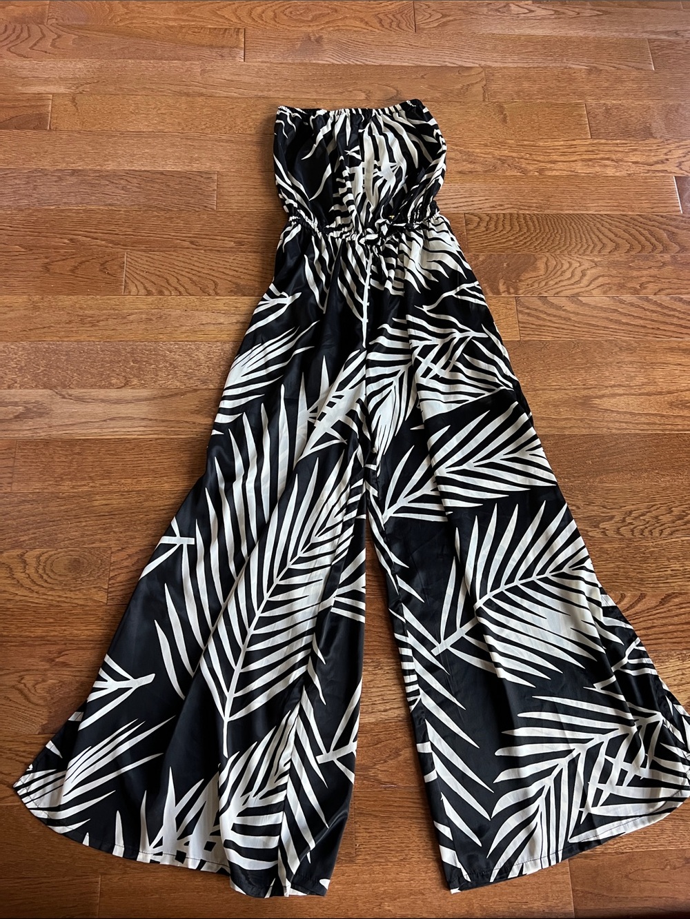 Smocked Strapless Black & White Leaf-Print Jumpsuit